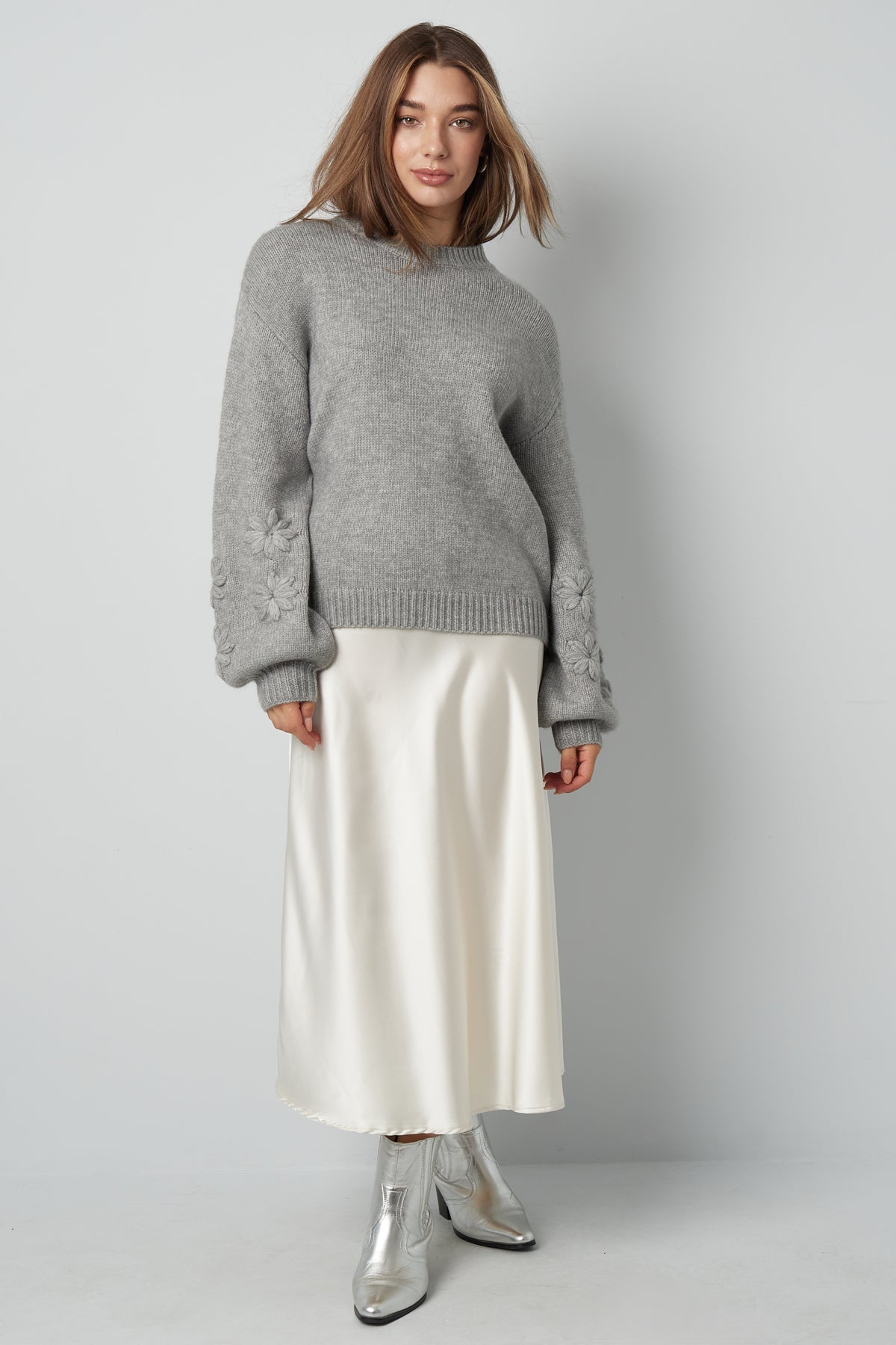 Gebreide Wolmix Vrouwen Oversized Trui Bloemen Appliqué