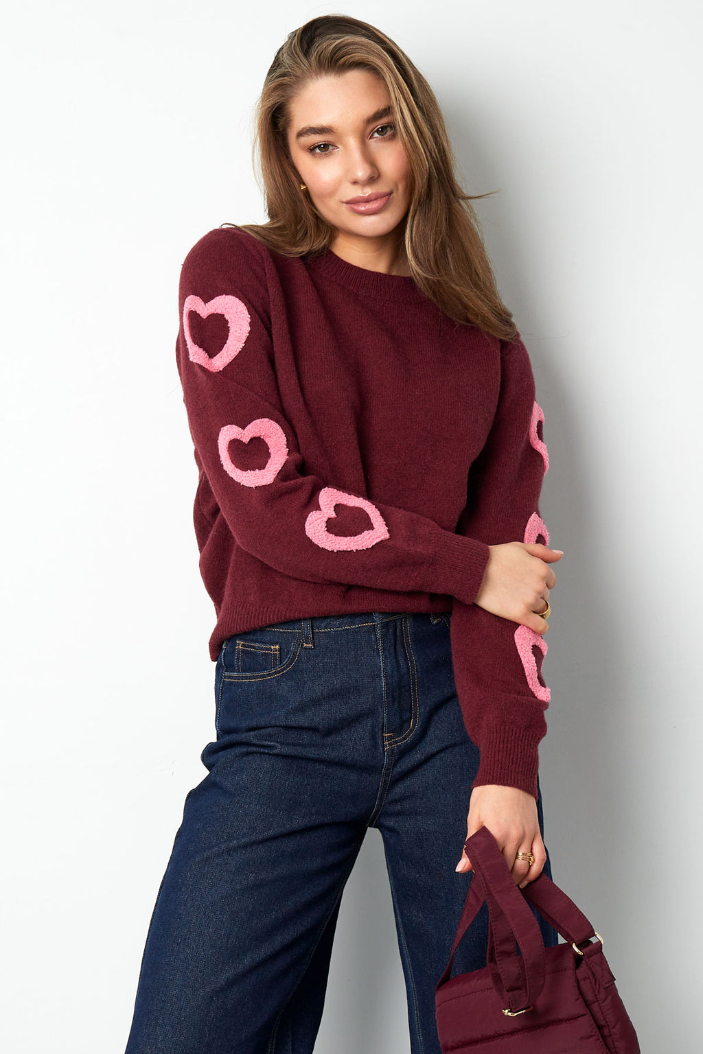 Knitted Wool Blend Women's Crewneck Sweater Heart Pattern Design