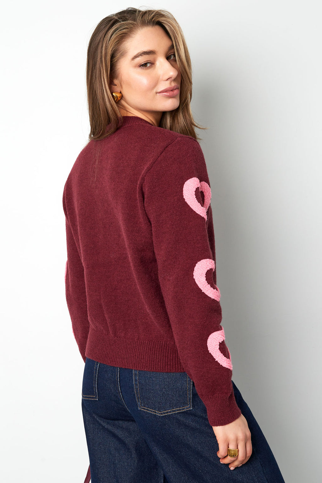 Knitted Wool Blend Women's Crewneck Sweater Heart Pattern Design