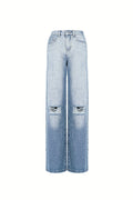 Cotton Woven Women's Straight Leg Jeans Ripped